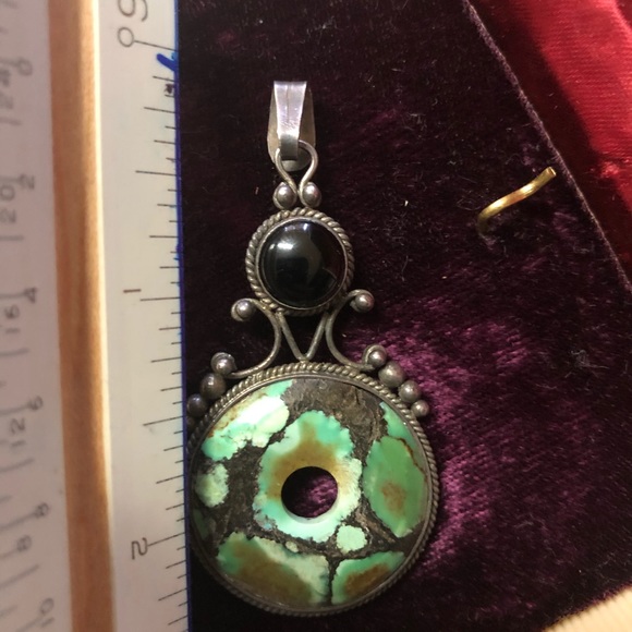 Vintage Chinese Turquoise & Onyx .925 Pendant - Picture 3 of 5